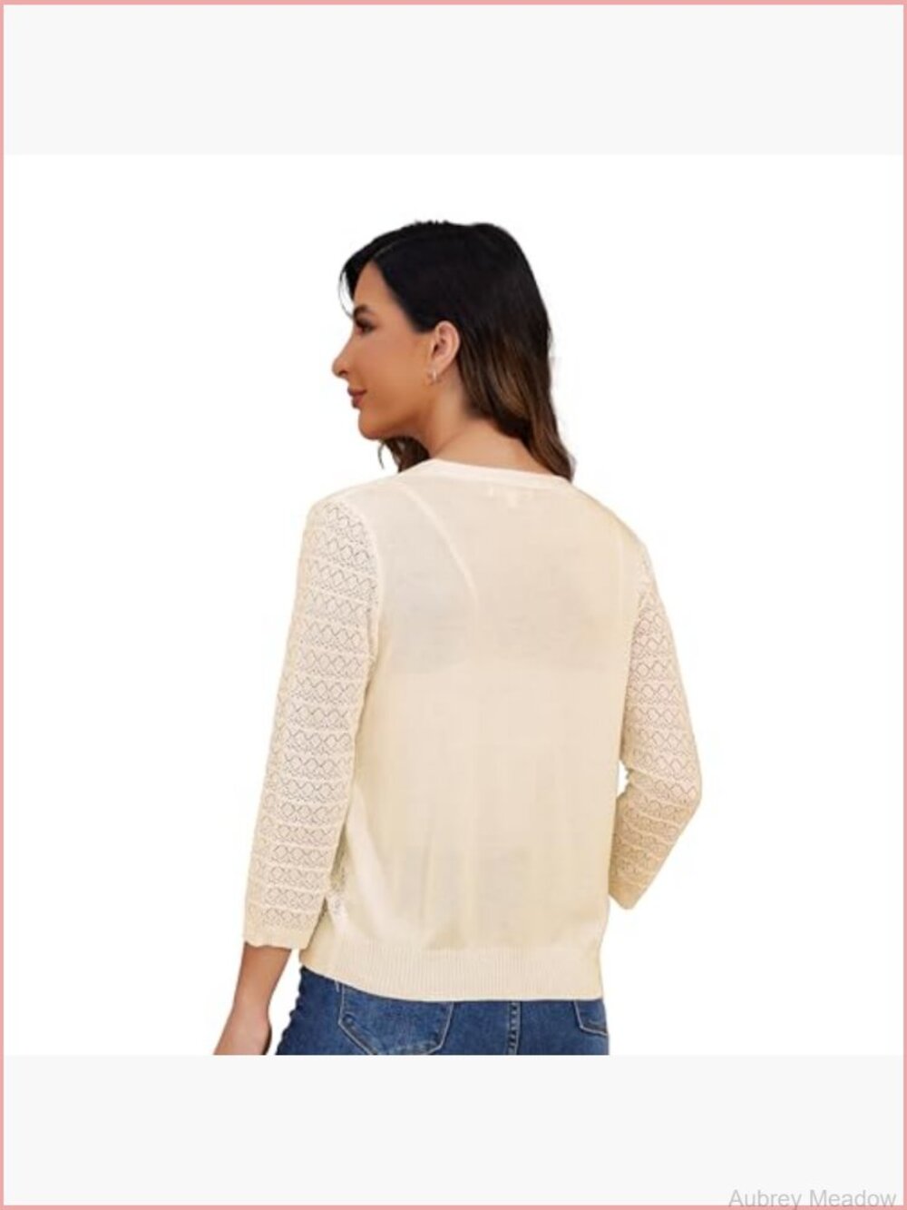 Lightweight Crochet Cardigan 3/4 Sleeve Cropped V Neck Button Shrug Knit Sweater - Picture 4 of 6